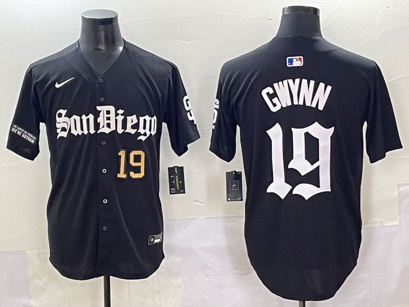Men 2025 San Diego Padres 19 Gwynn Black Five generations Joint Name Nike MLB Jersey style 3